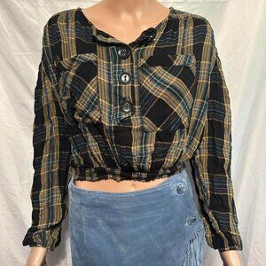 Free People women's black / yellow / blue plaid blouse long sleeve size XS